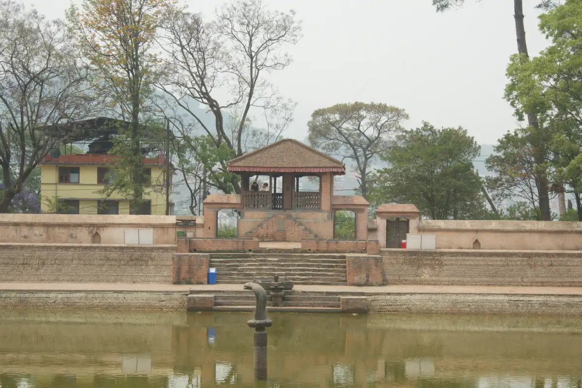 View of Bhaktapur Rani Pokhari with Statute of Basuki Naag in the middle of the pond